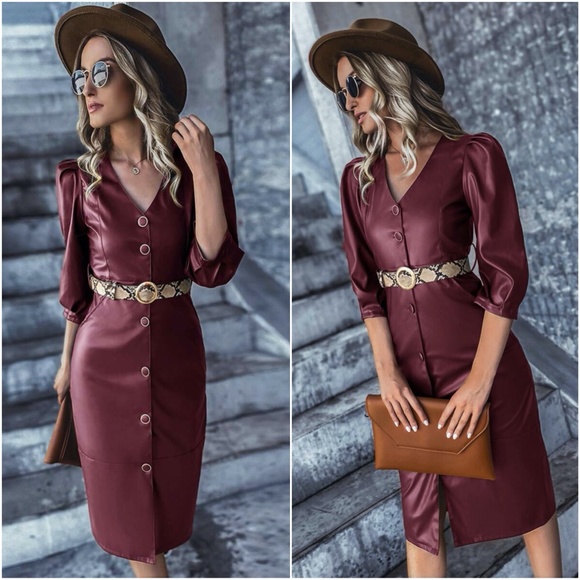 Dresses & Skirts - wine  vneck vegan leather belt short sleeve dress